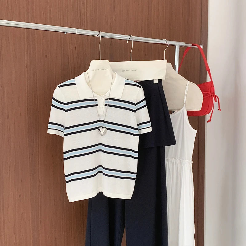 Summer 100% silky cotton T-shirt for women, POLO collar short sleeved loose silky smooth pure cotton bottom T-shirt top