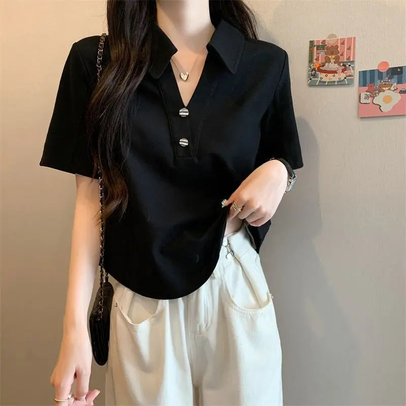 Women's Plus Size Polo Shirt V-Neck Short Sleeve Curved Hem Casual Loose Fit Cotton T-Shirt for Summer