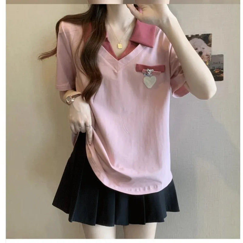 Women's Fake Two-piece Polo Collar Short Sleeve T-shirt - V-neck Heart Decor Loose Fit Belly Covering Casua