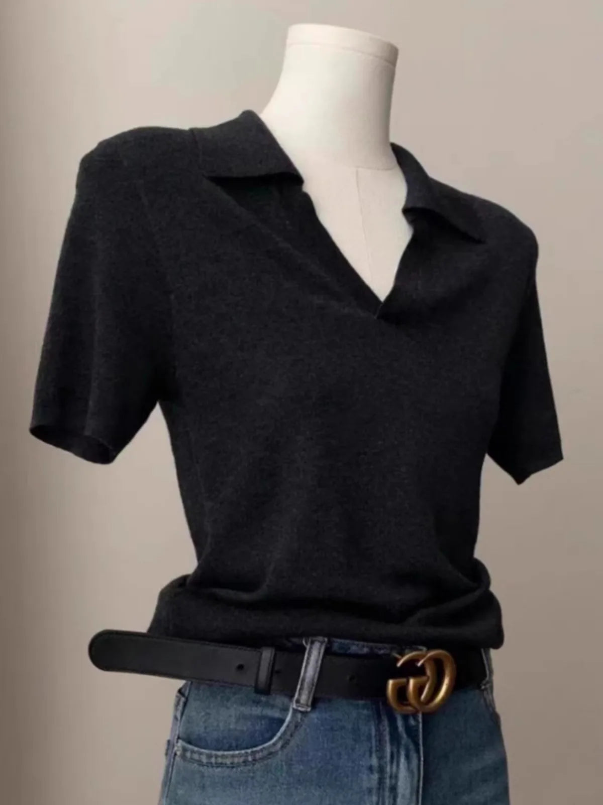 French short shoulder sleeve women's lapel knit top women's spring and summer thin ice silk polo collar  of solid color T-shirt