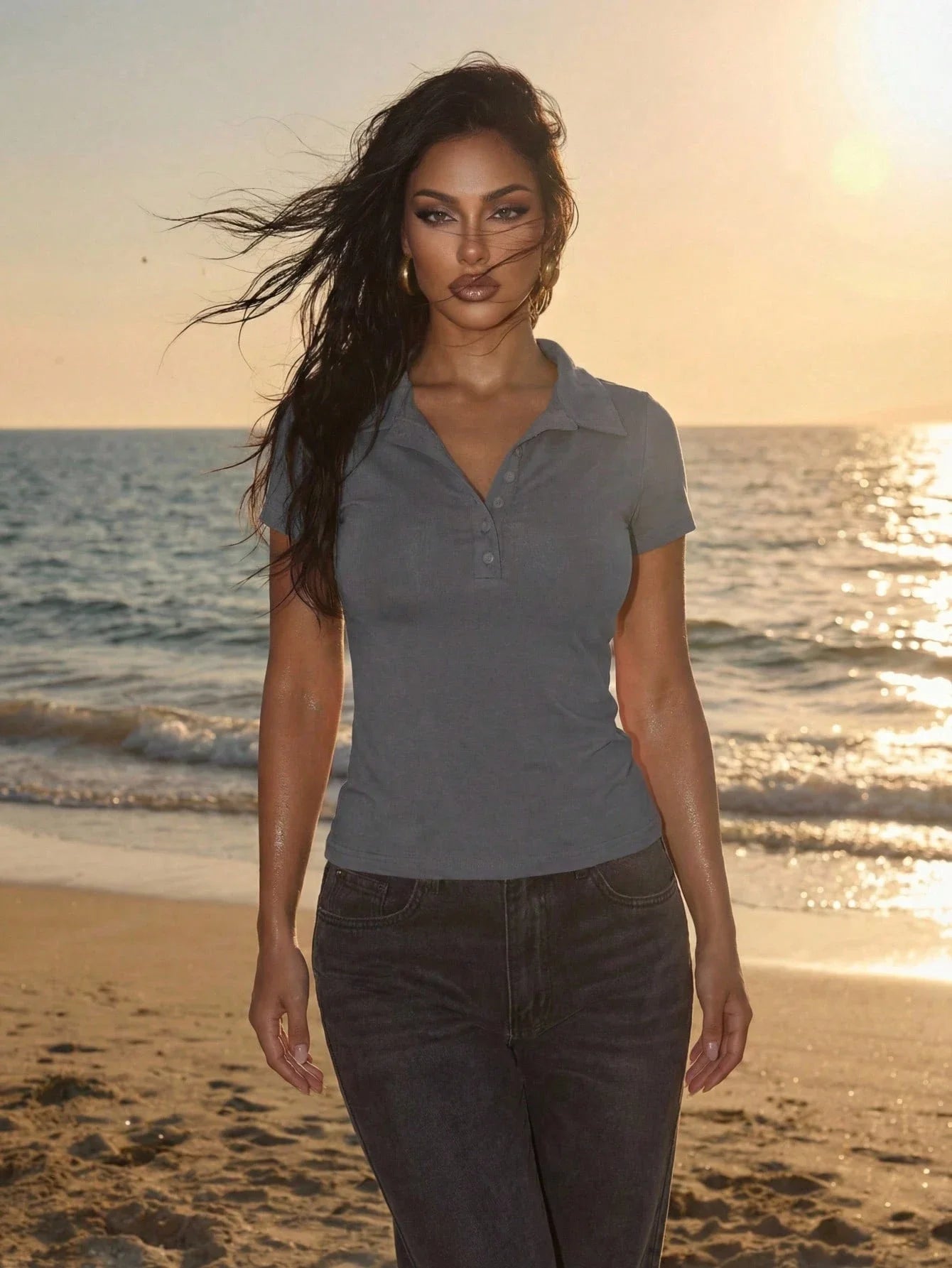 Polo Collar Button Short Sleeve Fitted Slim Women T-Shirt Casual Golf Shirt