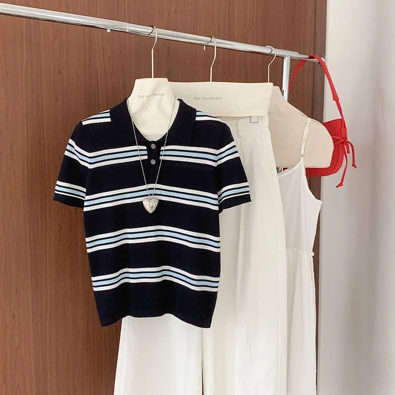 Summer 100% silky cotton T-shirt for women, POLO collar short sleeved loose silky smooth pure cotton bottom T-shirt top