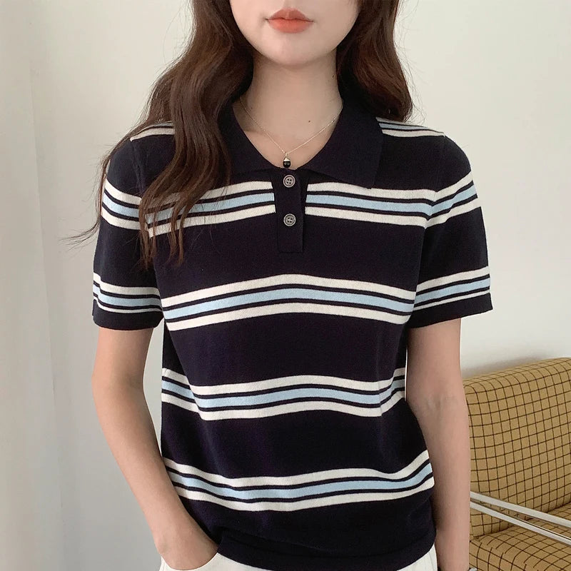 Summer 100% silky cotton T-shirt for women, POLO collar short sleeved loose silky smooth pure cotton bottom T-shirt top
